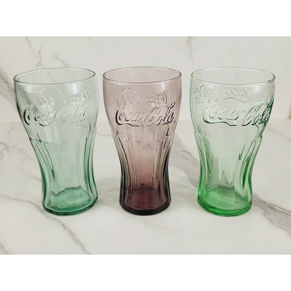 Coca Cola Libbey Drinking Glasses 17oz Embossed 6" Retro Glass Green Brown x3 - Picture 1 of 12